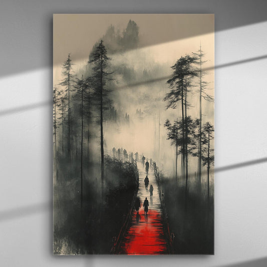 Foggy forest landscape with a bright red pathway and silhouettes of people walking.