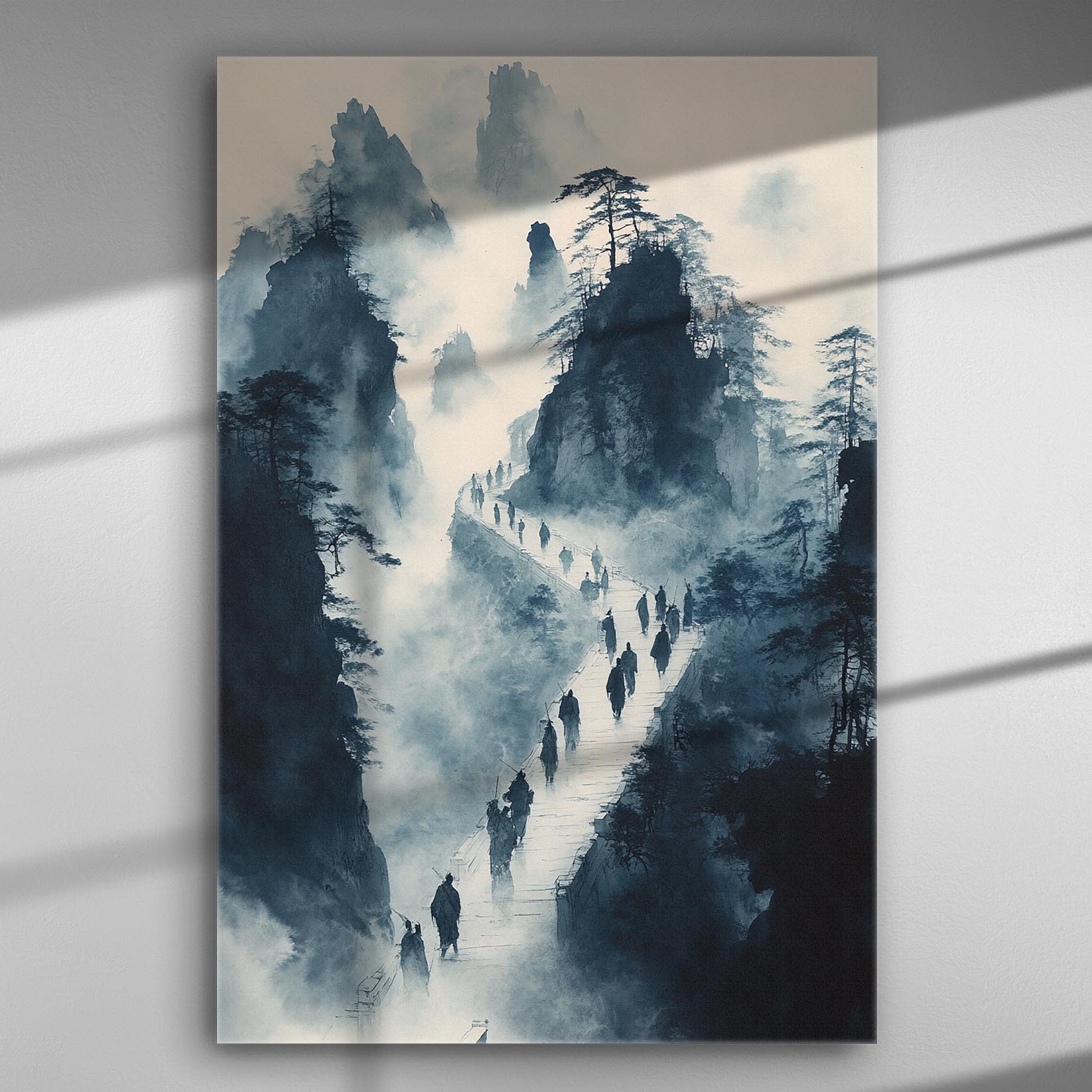 Misty mountain path with travelers in a serene landscape painting on canvas.