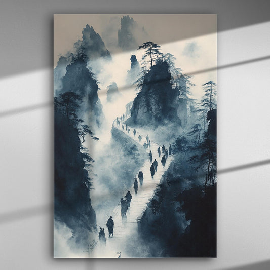 Misty mountain path with travelers in a serene landscape painting on canvas.