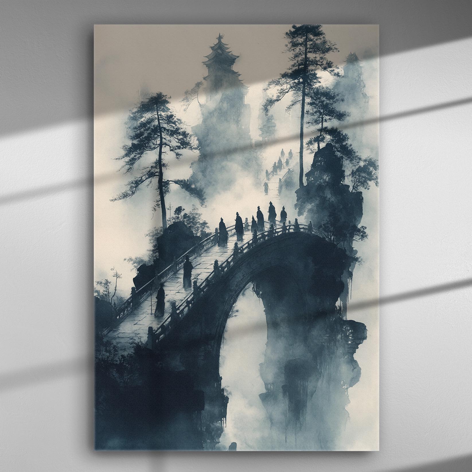 Mysterious misty bridge with figures in a mystical landscape canvas art.