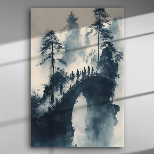Mysterious misty bridge with figures in a mystical landscape canvas art.