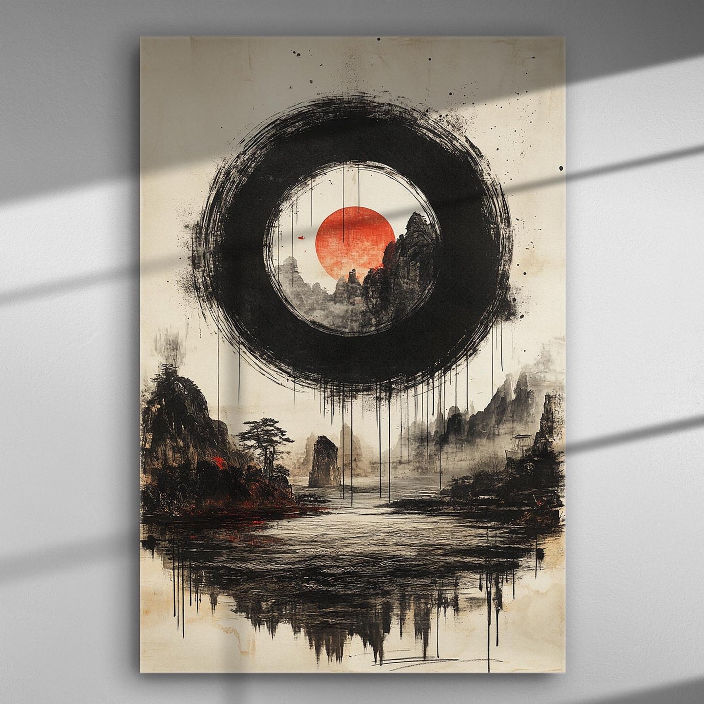 Japanese minimalist landscape with red sun and black circle on canvas.