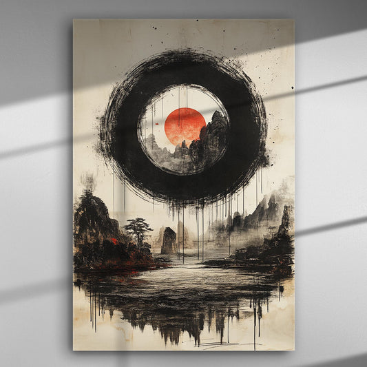 Japanese minimalist landscape with red sun and black circle on canvas.