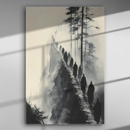 Monks walking along a snowy path in a misty forest on canvas.