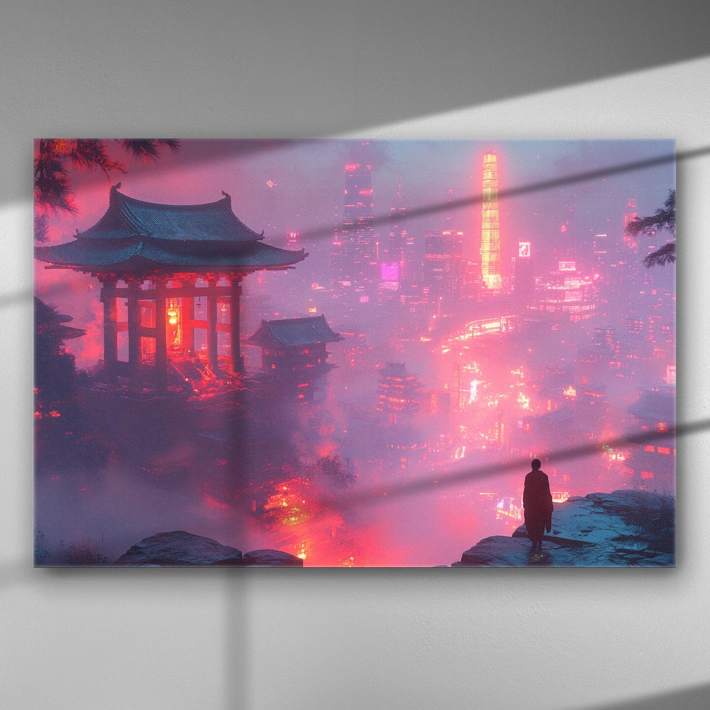 Futuristic cityscape with neon lights and a lone figure observing the view, printed on canvas