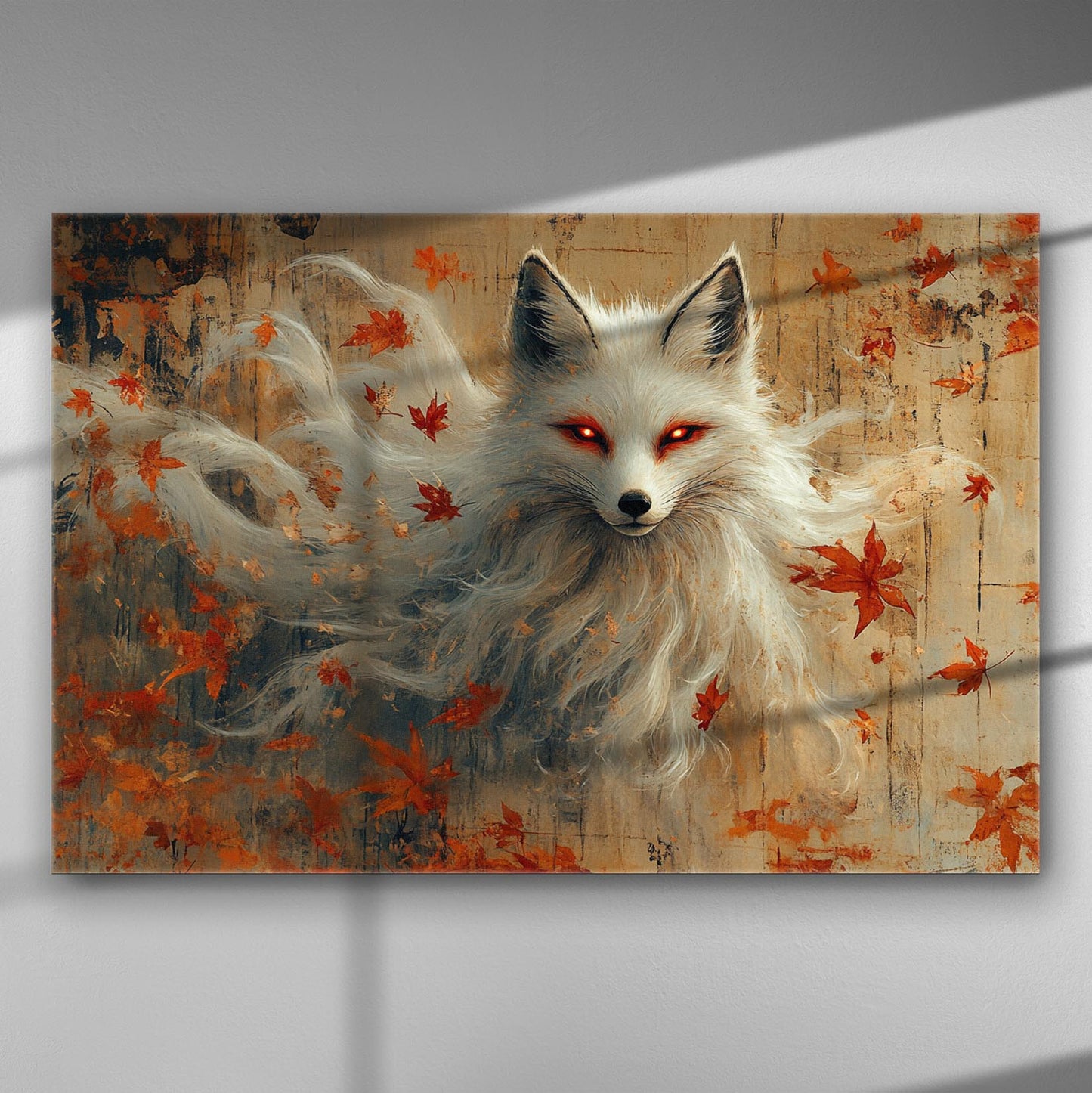 A mystical white fox with red eyes surrounded by autumn leaves on a canvas print.