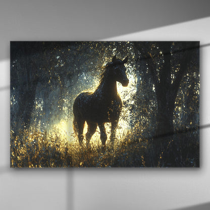 Horse emerging in a sunlit forest canvas print