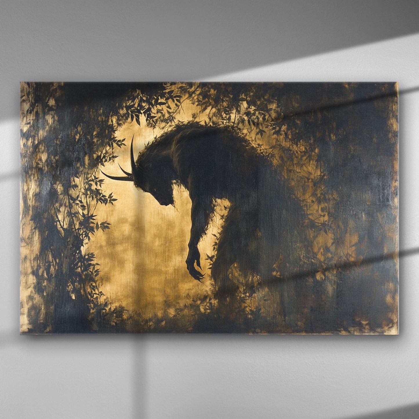 Silhouette of a mysterious creature surrounded by leaves on a dark and gold canvas.