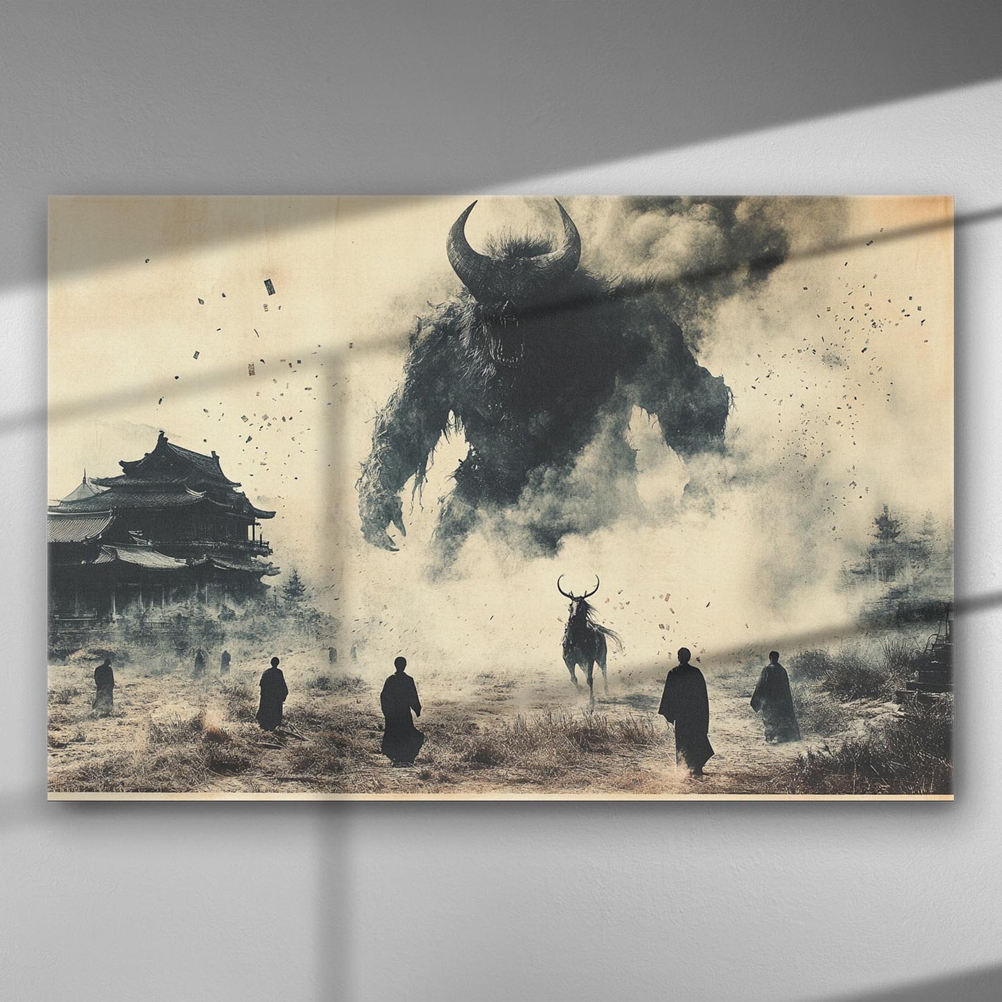 Fantasy artwork depicting a giant next to an ancient temple with figures walking towards it, suitable for a dramatic canvas print.