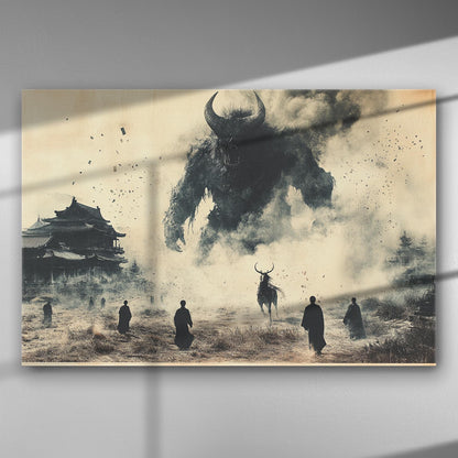 Fantasy artwork depicting a giant next to an ancient temple with figures walking towards it, suitable for a dramatic canvas print.