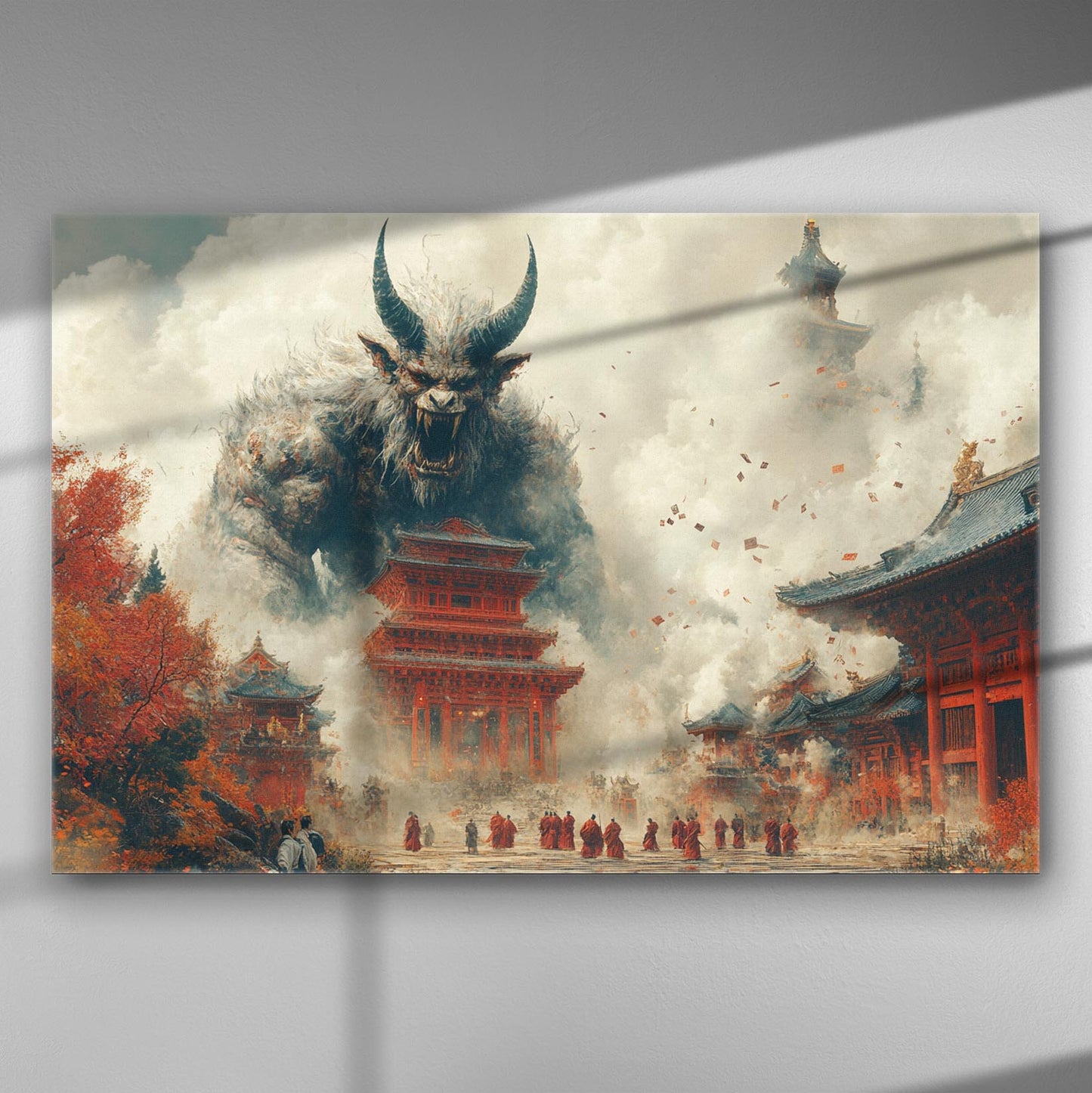 Giant mythical beast looming over ancient temples in dramatic scene.
