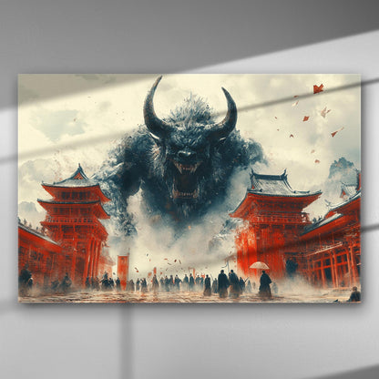 Fantasy art depicting a monstrous creature amidst traditional Japanese architecture with red tones.