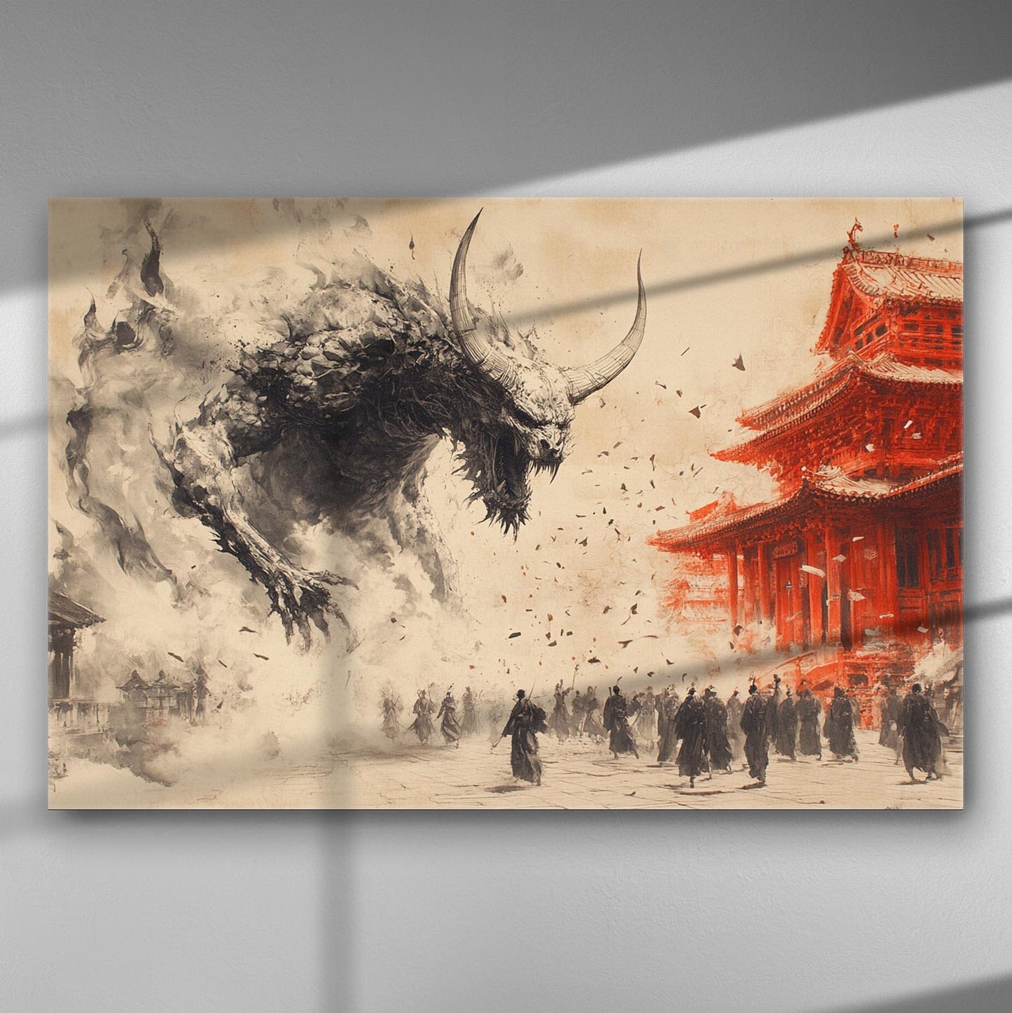 Fantasy art depicting a large demon facing warriors in traditional Japanese setting with a red temple.