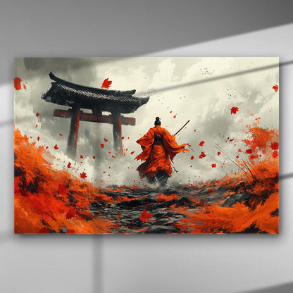Samurai walking through a Torii gate surrounded by red leaves in a dynamic landscape.