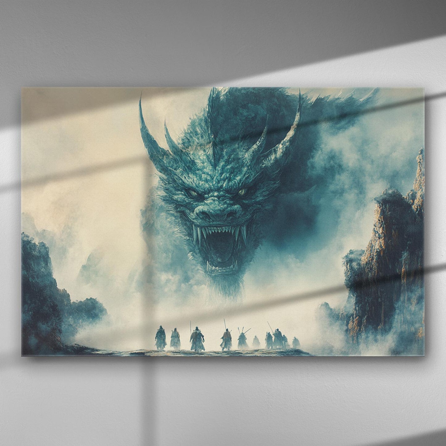Epic scene with a dragon facing warriors in a mystical landscape, canvas art.