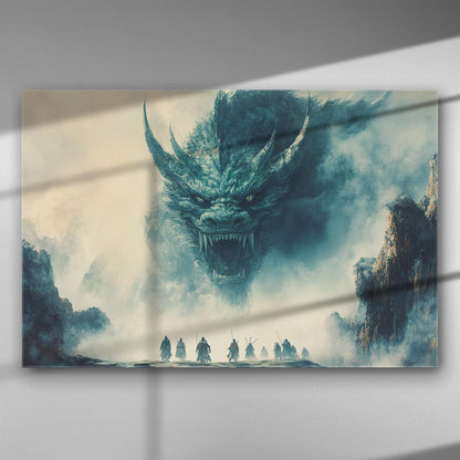 Epic scene with a dragon facing warriors in a mystical landscape, canvas art.