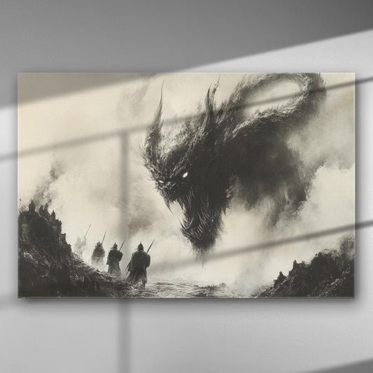 Epic dragon attack in a dark, misty landscape with soldiers.