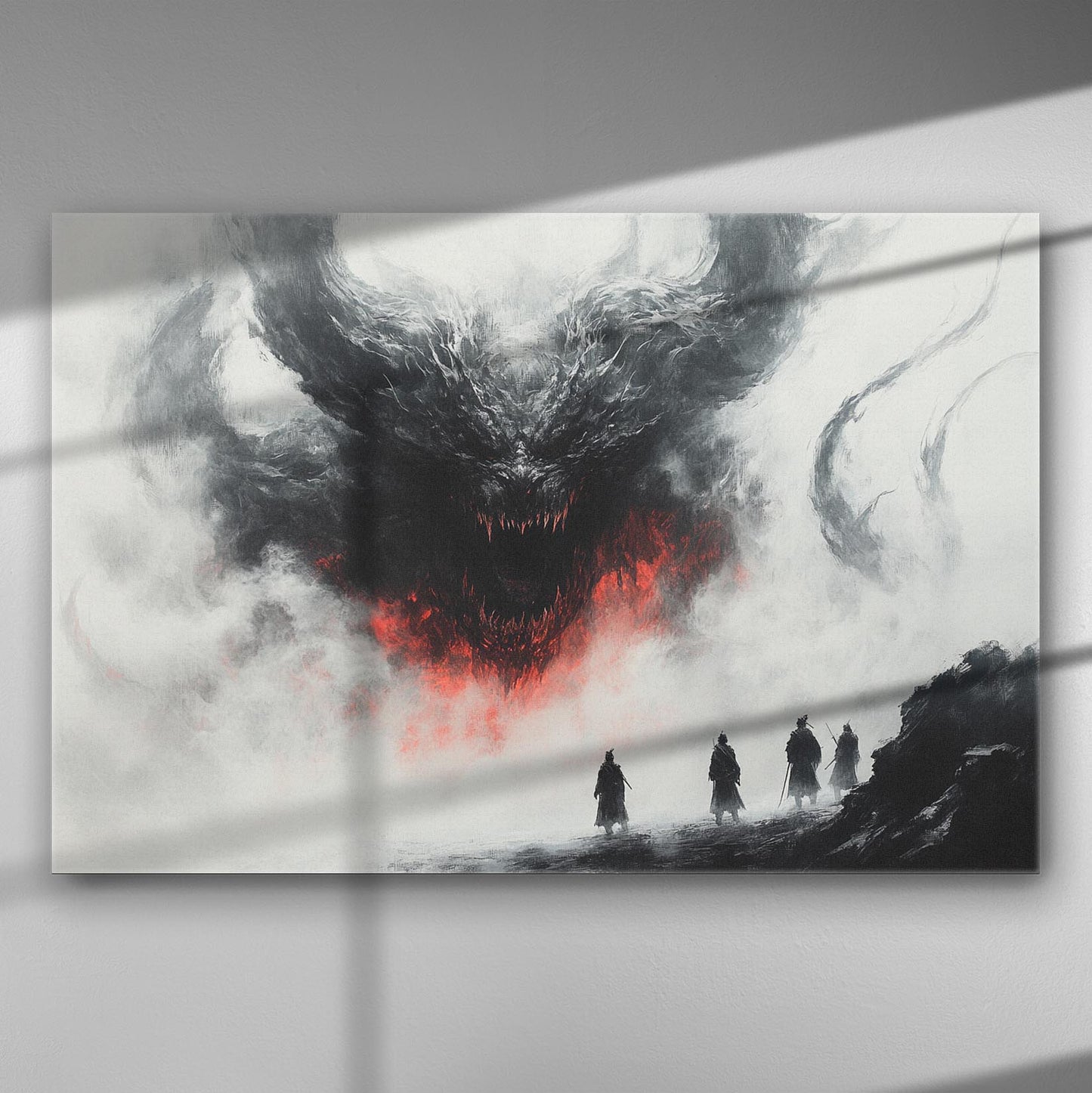 A dark, dramatic image of a demon emerging from smoke, with four figures witnessing the scene in a fantasy setting.