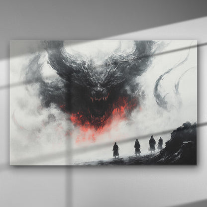 A dark, dramatic image of a demon emerging from smoke, with four figures witnessing the scene in a fantasy setting.