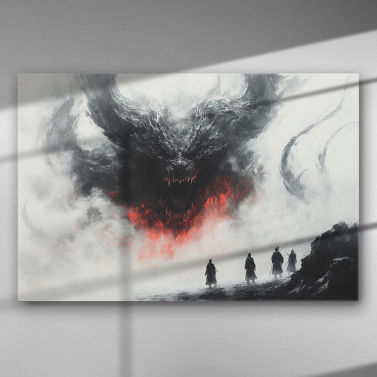 A dark, dramatic image of a demon emerging from smoke, with four figures witnessing the scene in a fantasy setting.