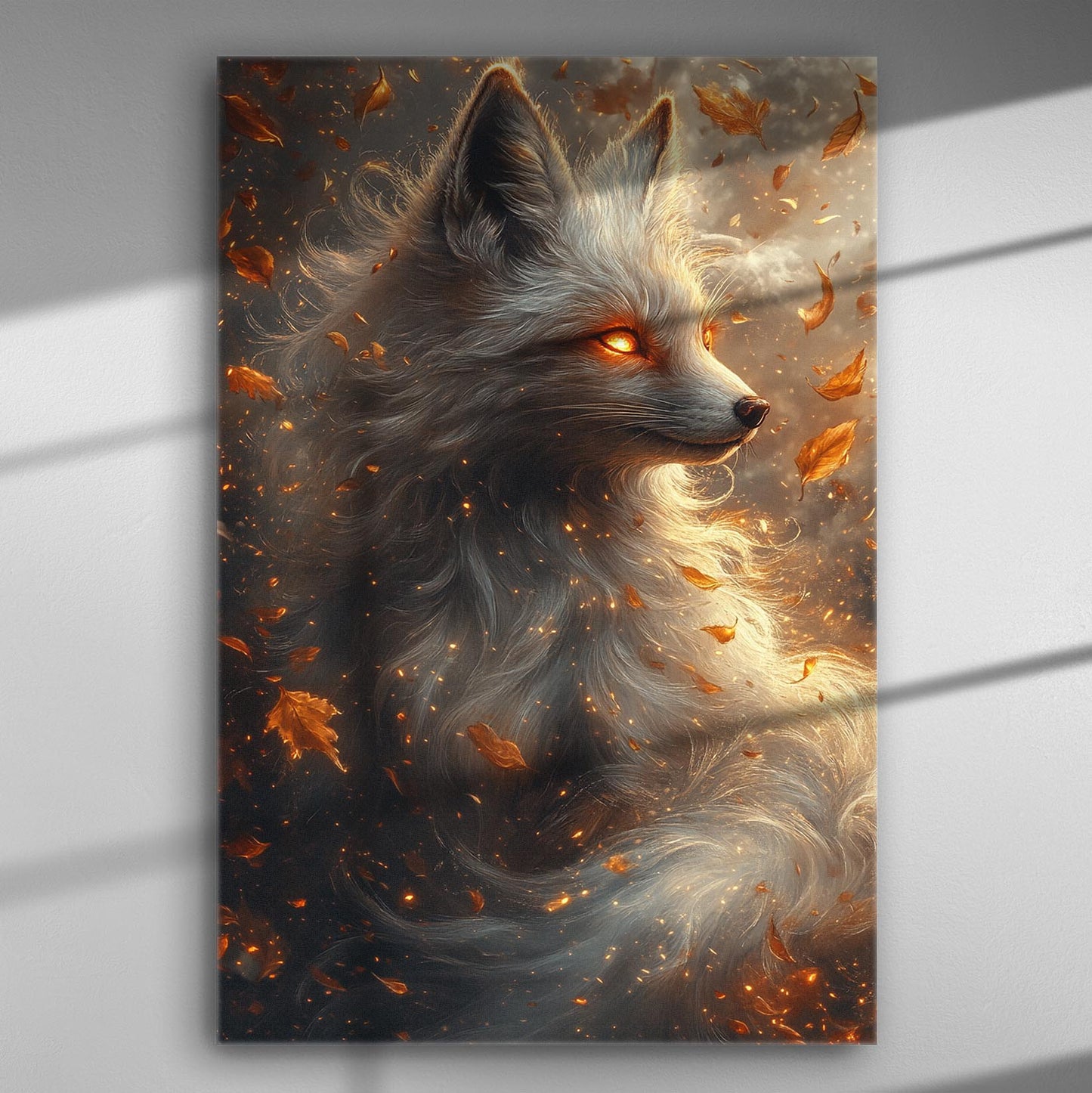 Enchanted ethereal wolf in a forest surrounded by autumn leaves, glowing eyes, fantasy art.