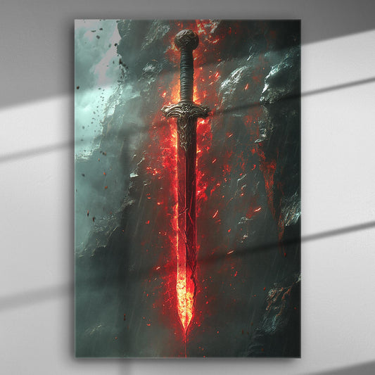 A smoldering sword surrounded by flames and smoke on a canvas print.