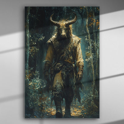Forest warrior with horned helmet and rugged attire walking through a dark, mysterious forest canvas art.