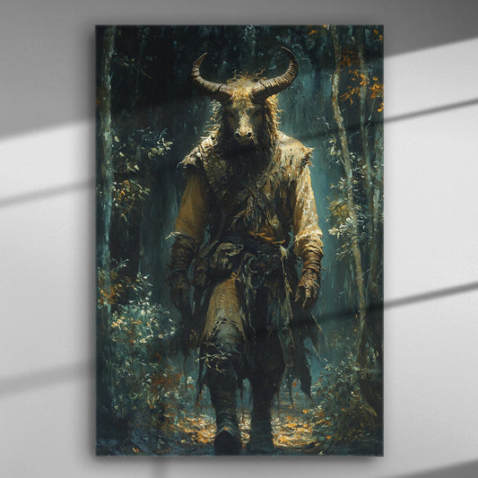 Forest warrior with horned helmet and rugged attire walking through a dark, mysterious forest canvas art.