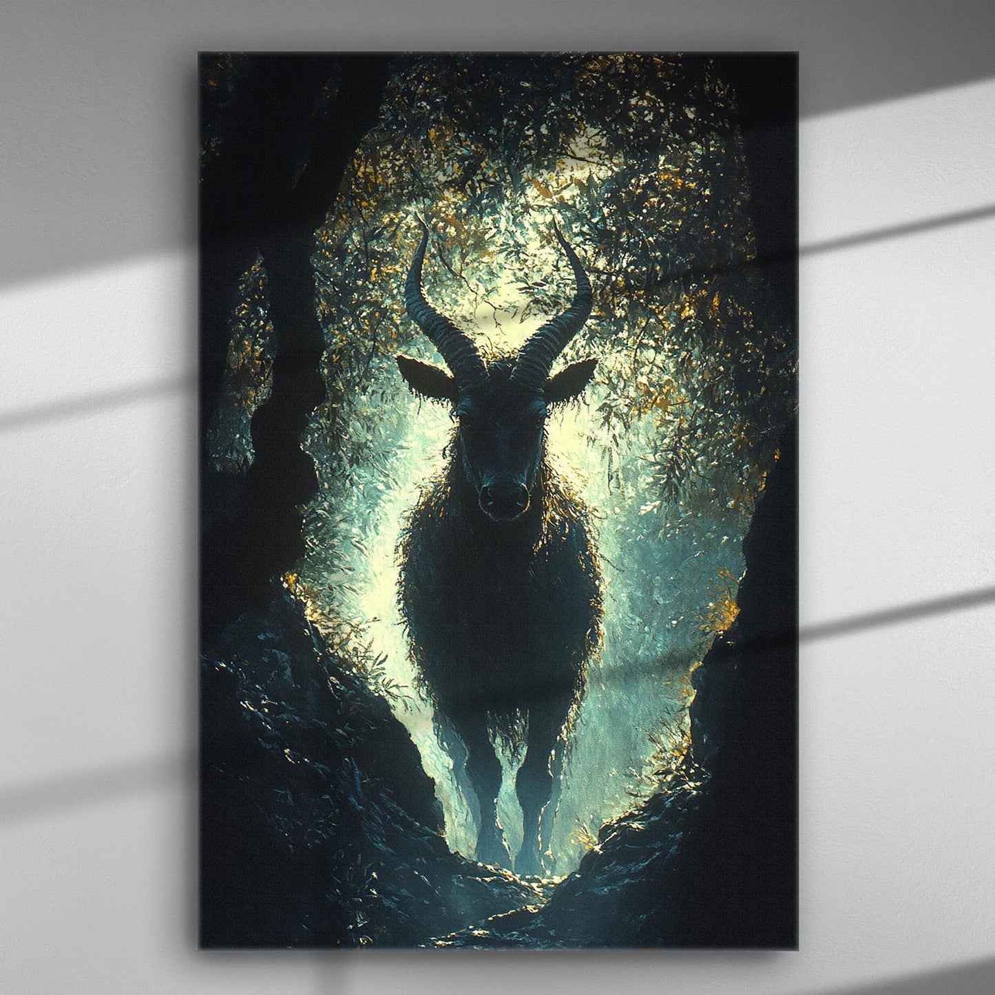 Canvas print featuring a silhouette of an animal in a forested landscape, with dramatic lighting and mysterious atmosphere.