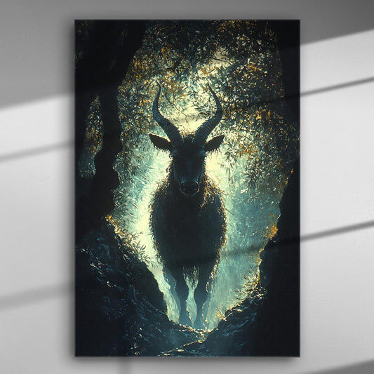 Canvas print featuring a silhouette of an animal in a forested landscape, with dramatic lighting and mysterious atmosphere.