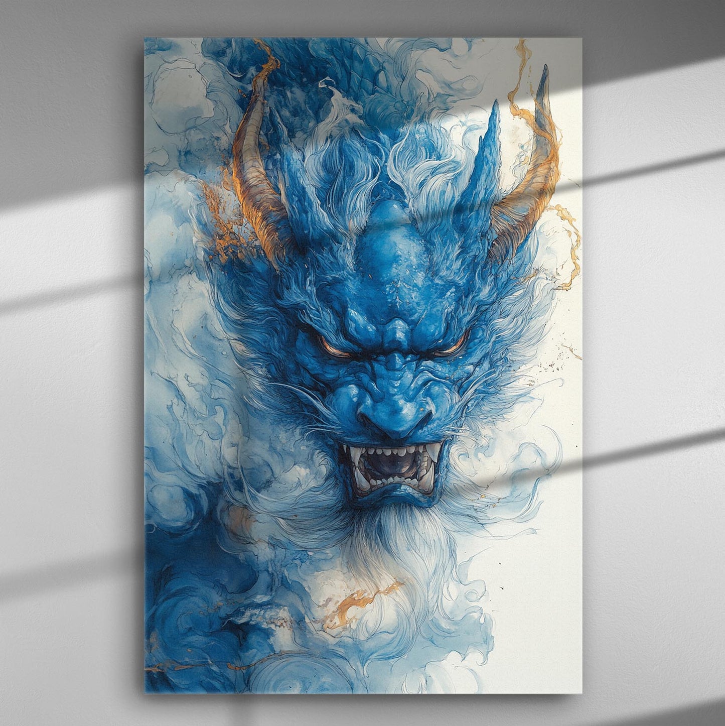 A fierce blue demon with fiery eyes captured in an art print.