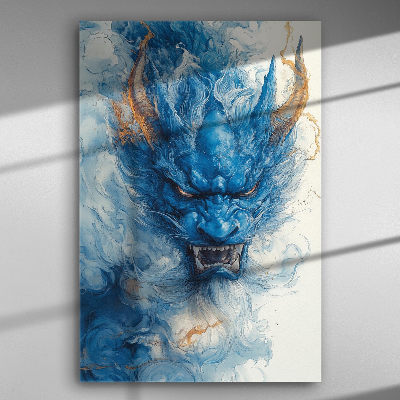 A fierce blue demon with fiery eyes captured in an art print.