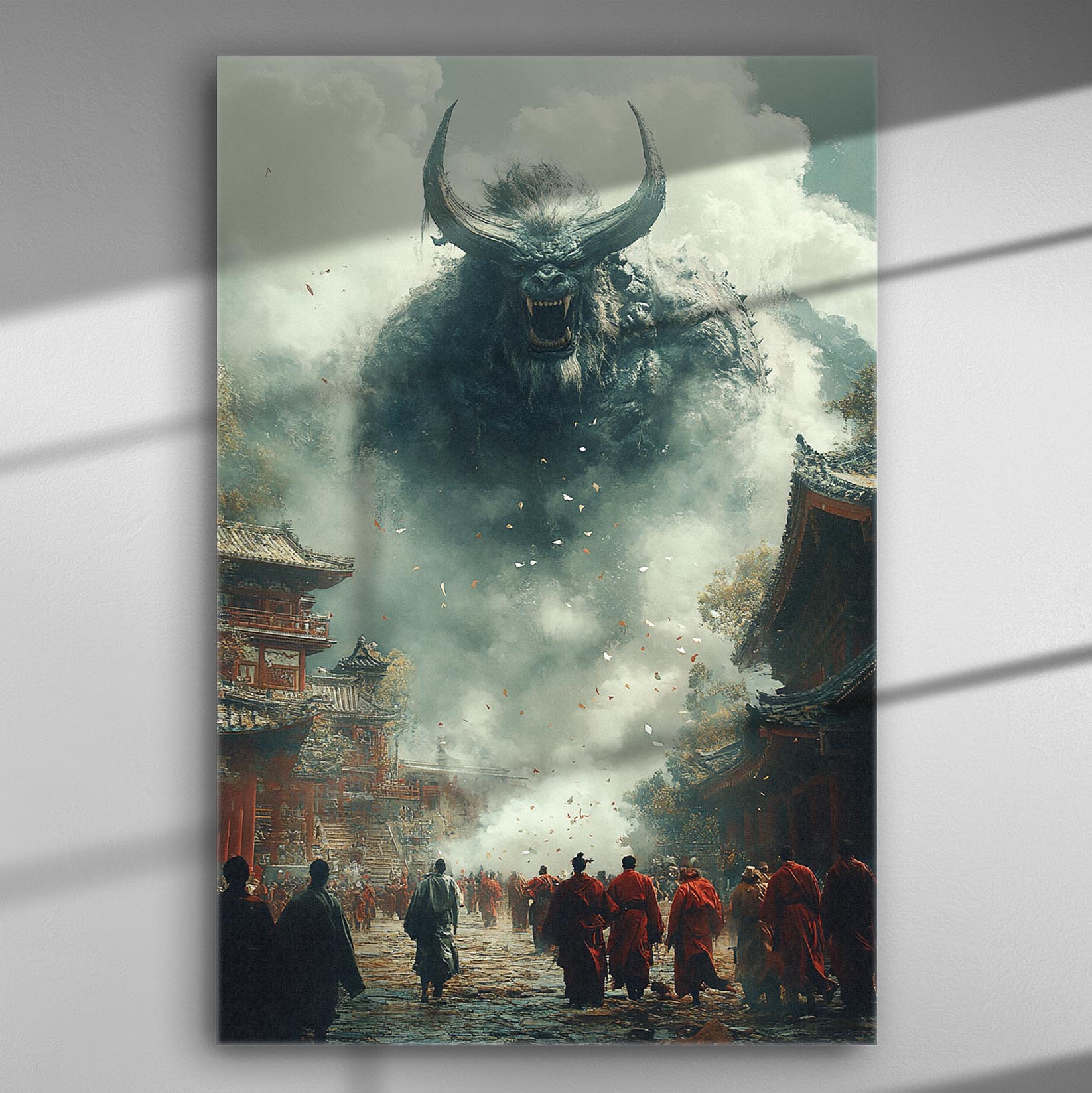 Fantasy scene with a giant mythical creature looming over an ancient city.