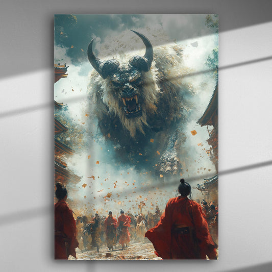 An epic battle scene on canvas with warriors facing a monstrous creature amid swirling smoke and ancient architecture.