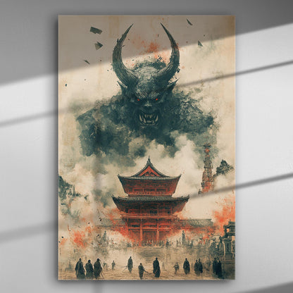 A giant demon hovering over a traditional Eastern temple with a dramatic and fantasy atmosphere.