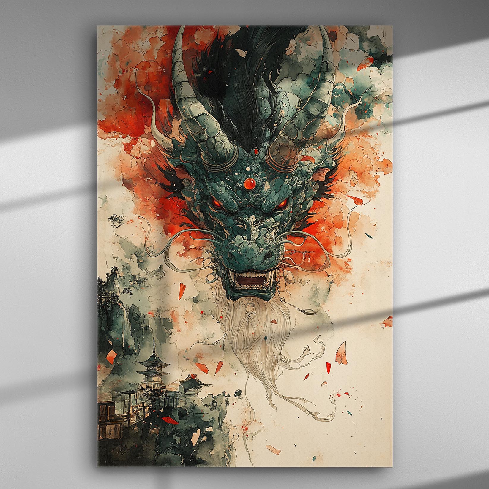 Illustrative canvas print of a dragon head with vivid colors and dramatic intensity, perfect for artistic spaces.
