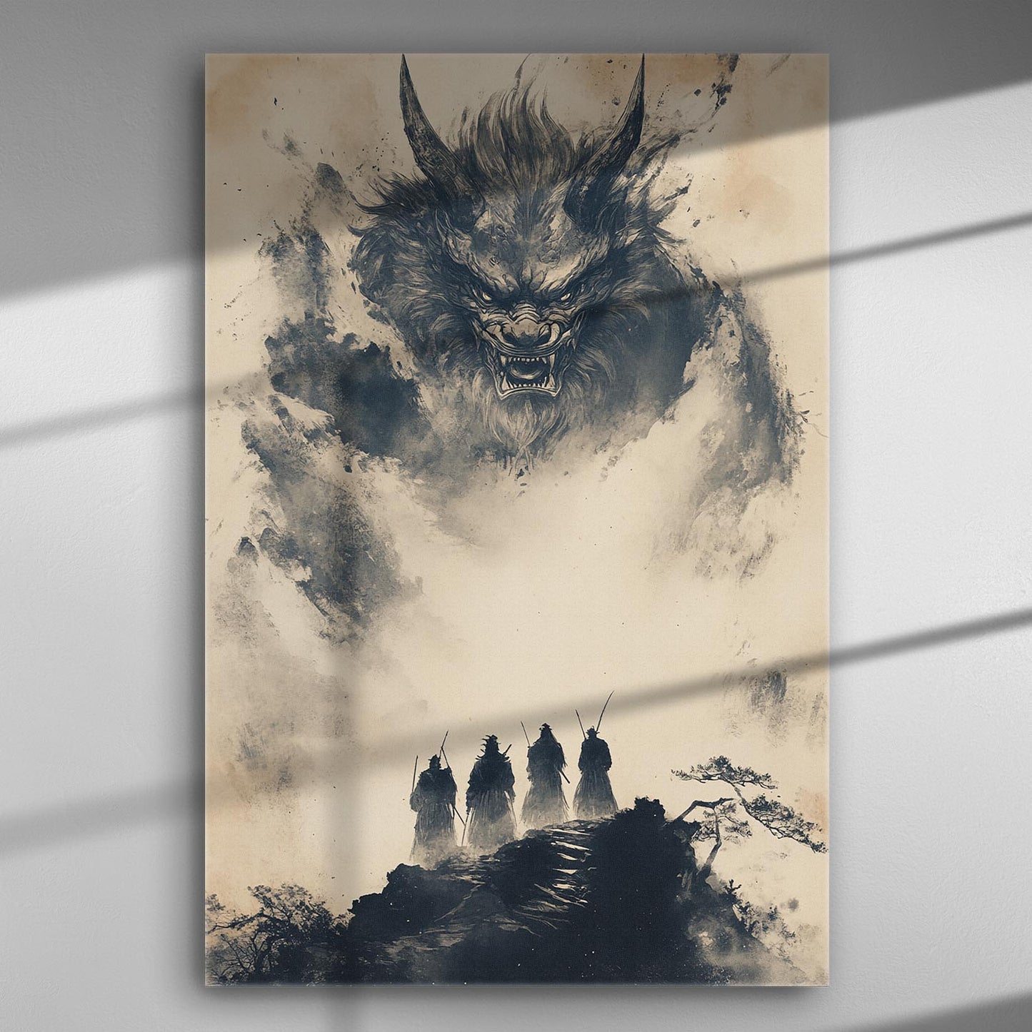 Fantasy beast emerging from clouds with warriors standing below in monochrome.