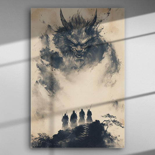 Fantasy beast emerging from clouds with warriors standing below in monochrome.