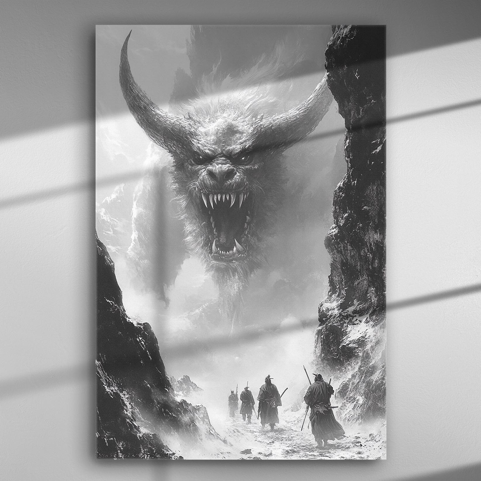 A dramatic black-and-white image depicting warriors approaching a giant mythical creature in a snowy landscape, ideal for canvas art.