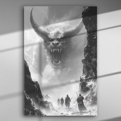 A dramatic black-and-white image depicting warriors approaching a giant mythical creature in a snowy landscape, ideal for canvas art.