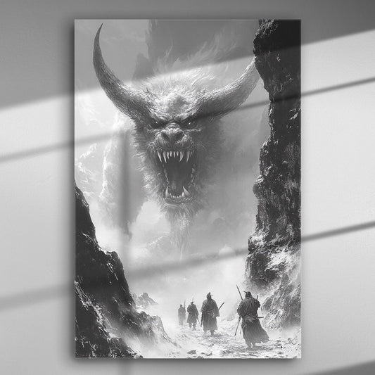 A dramatic black-and-white image depicting warriors approaching a giant mythical creature in a snowy landscape, ideal for canvas art.