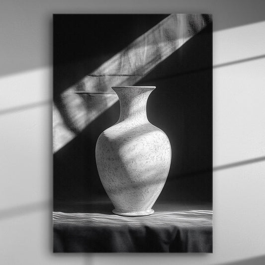 Black and white image of a ceramic vase with shadows on a canvas.