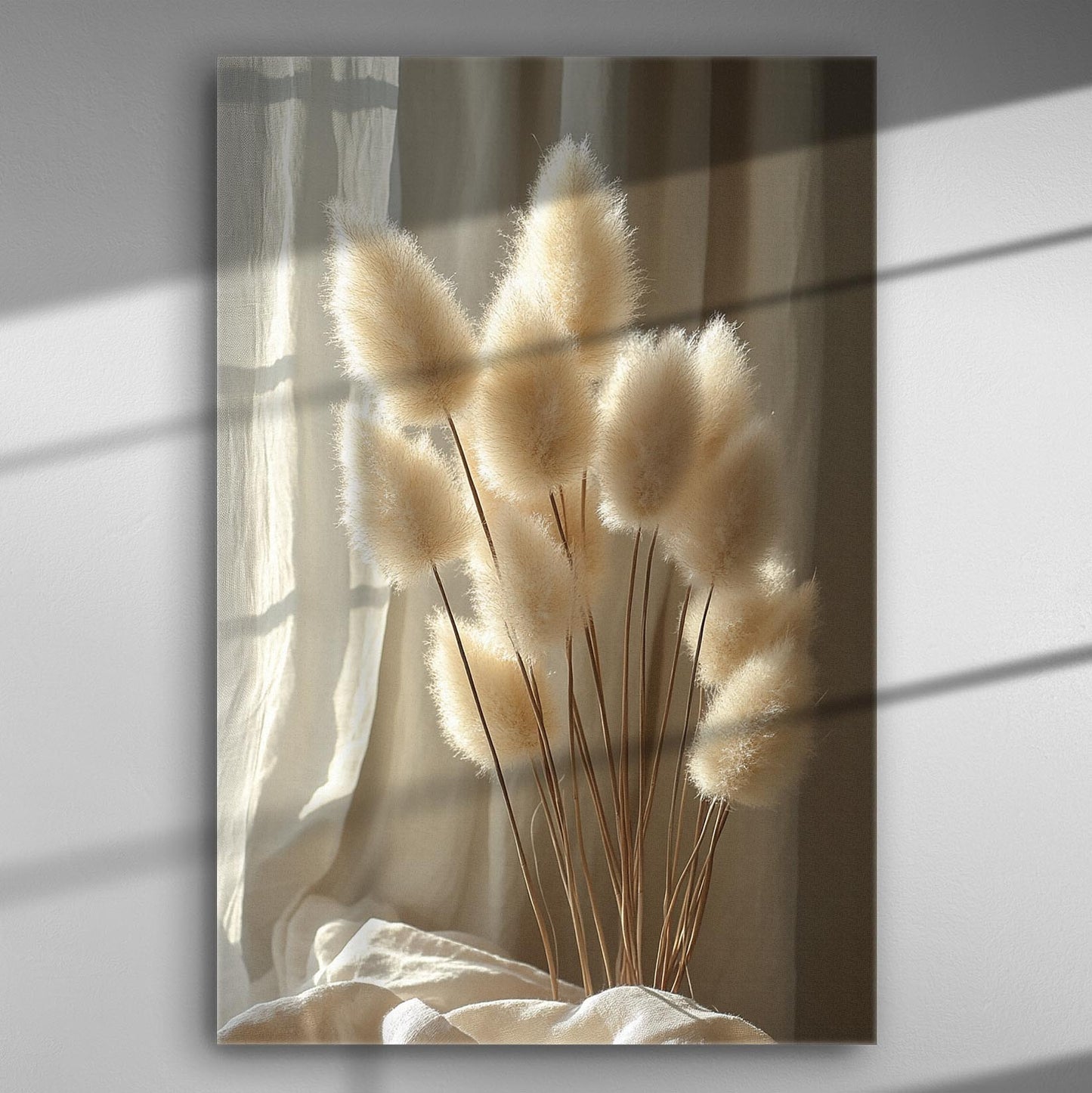 Canvas print featuring pampas grass against draped curtains with soft diffused light.