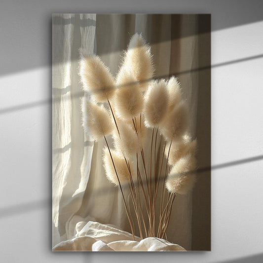 Canvas print featuring pampas grass against draped curtains with soft diffused light.
