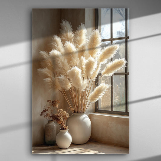 Canvas print featuring pampas grass in white vases by the window with soft natural light.