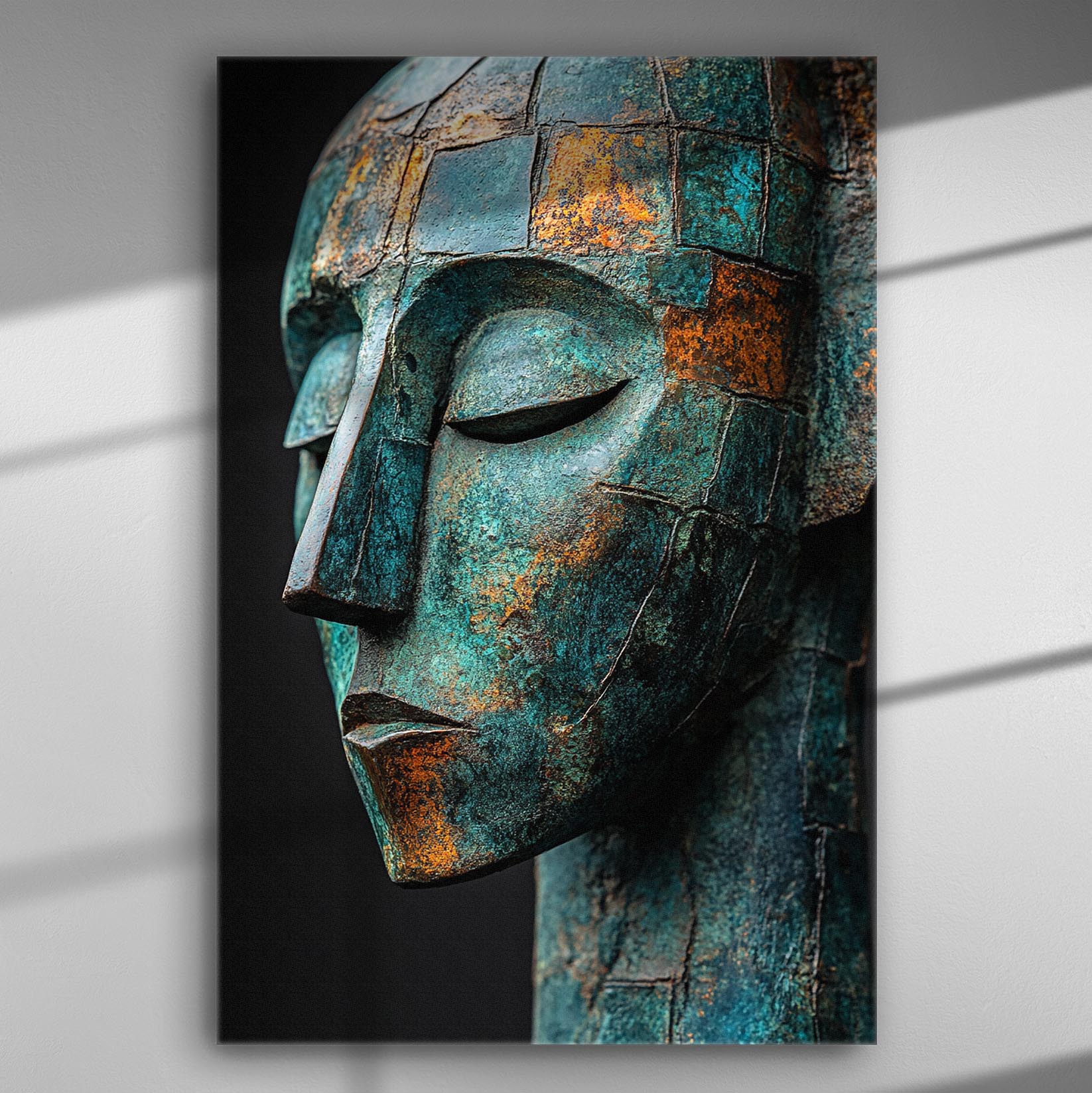 Close-up of a patinated sculpture head with turquoise and rust colors on canvas.