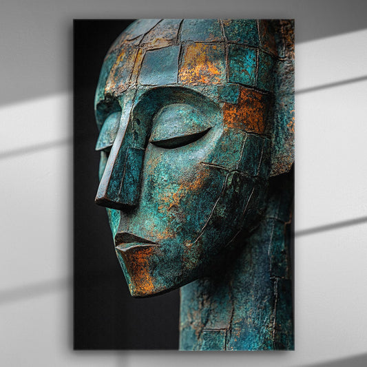 Close-up of a patinated sculpture head with turquoise and rust colors on canvas.
