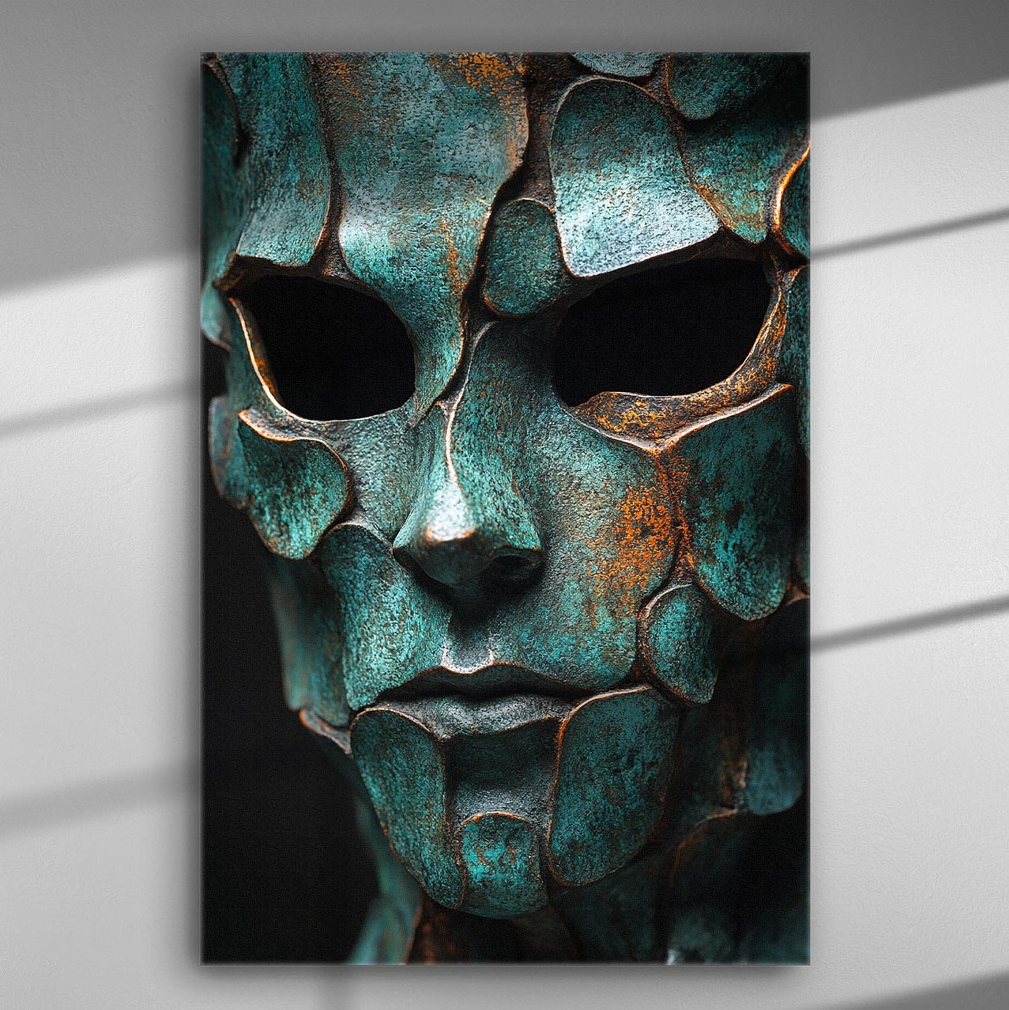 Portrait of a face with metallic textures and mysterious appearance on canvas.