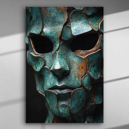 Portrait of a face with metallic textures and mysterious appearance on canvas.