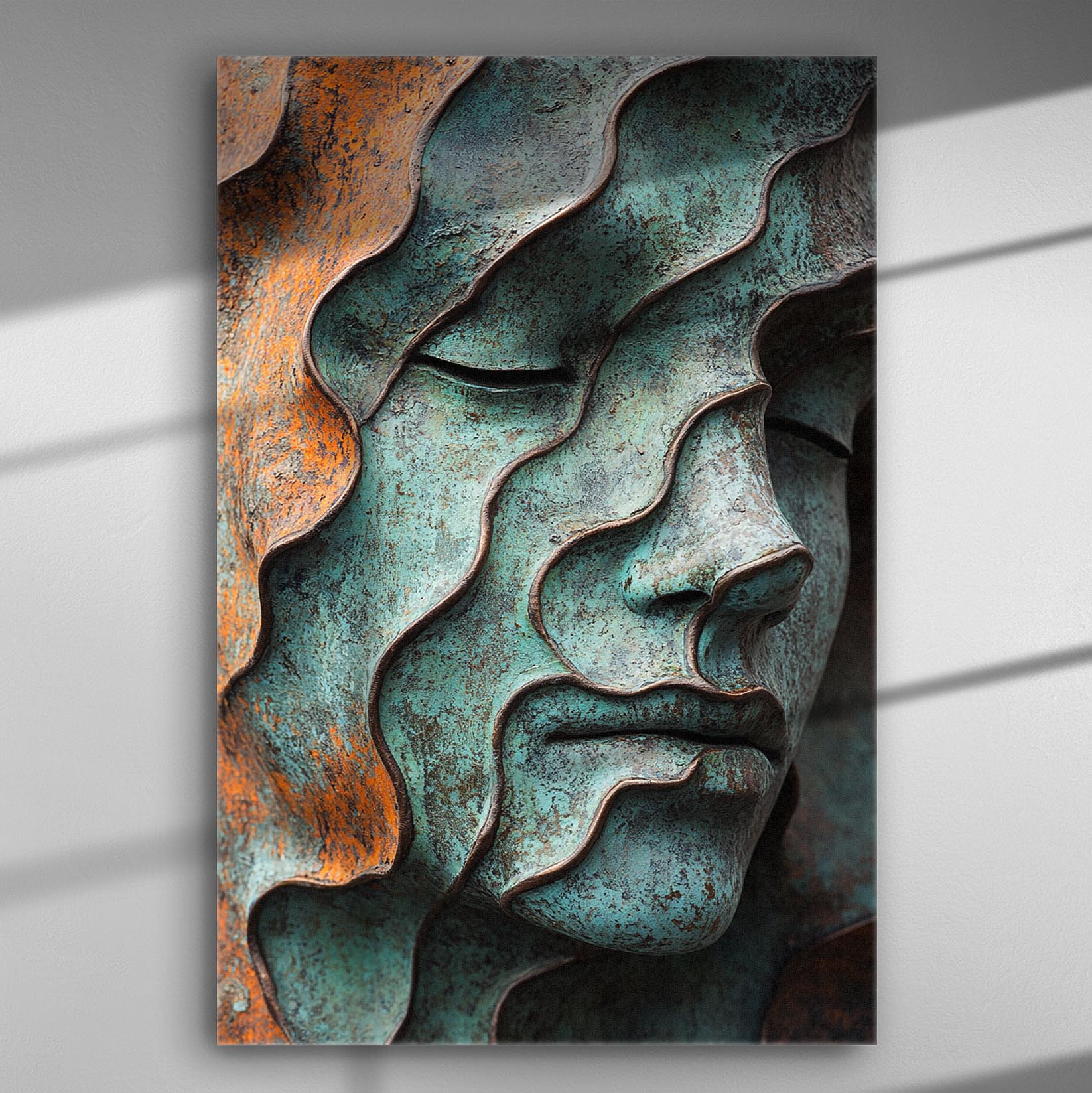 Relief sculpture face with blue and copper tones, evoking tranquility and depth.